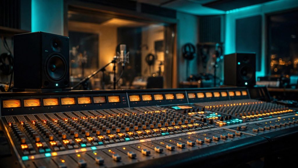Ruang kontrol studio rekaman profesional dengan mixing console di Pamulang, Tangerang Selatan