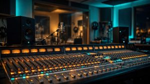 Ruang kontrol studio rekaman profesional dengan mixing console di Pamulang, Tangerang Selatan